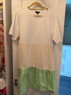 Alfani White Cream and Light Green Colorblock Short-Sleeve Dress